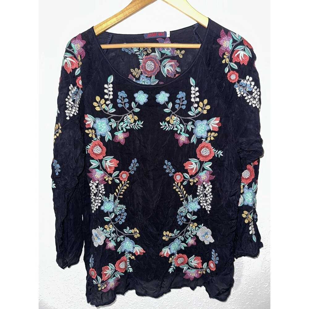 JOHNNY WAS Heavy Floral Embroidered Cupra Rayon  Kikimu Sheer Black Womens Top L